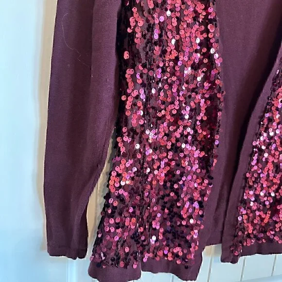 Sequin embellished plum berry open front cardigan, size L - Picture 3 of 7